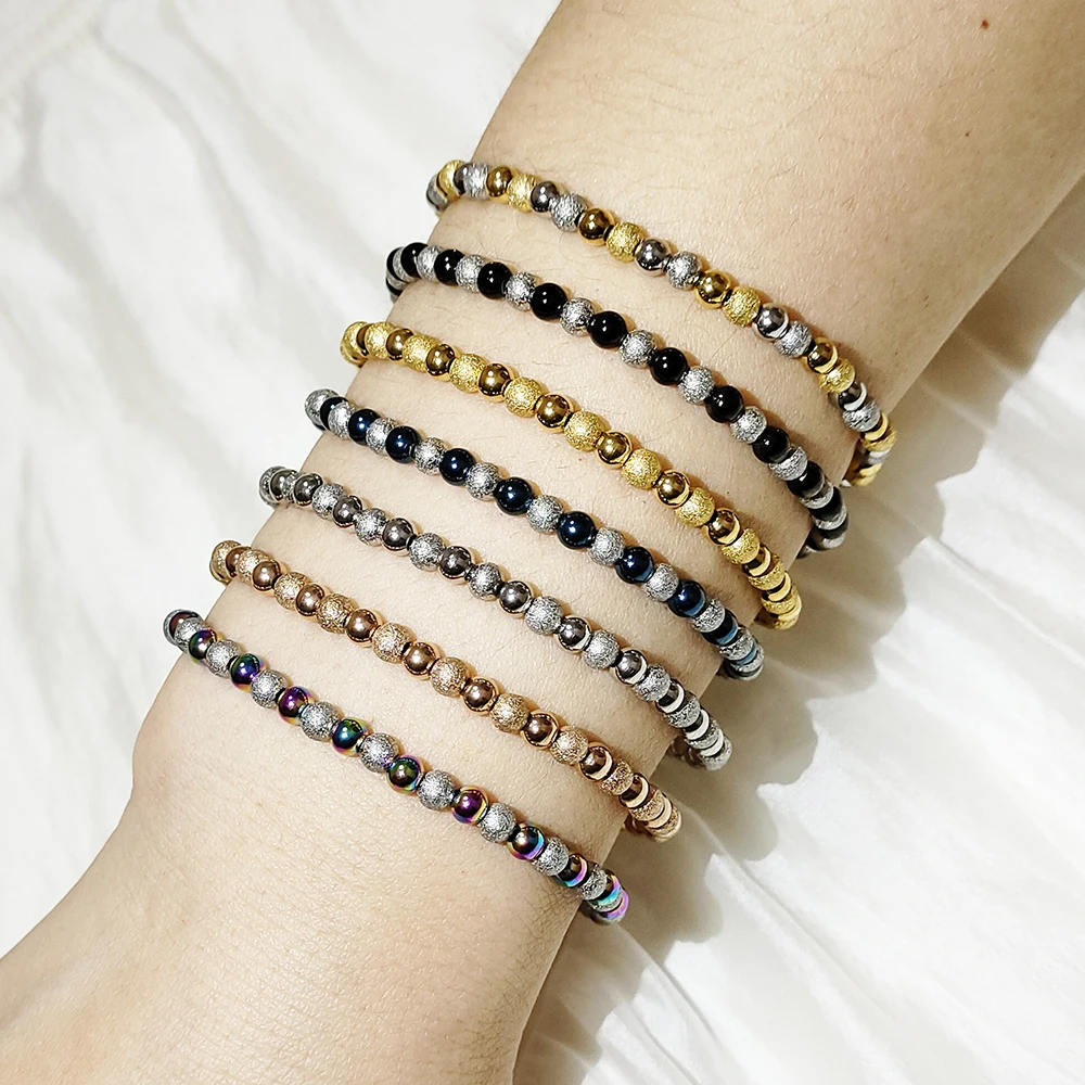 Metal Stainless Steel Waterproof Jewelry Women's High Quality 18K Gold Charm Sand Ball Shiny Beads Mixed Color Elastic Bracelets 2