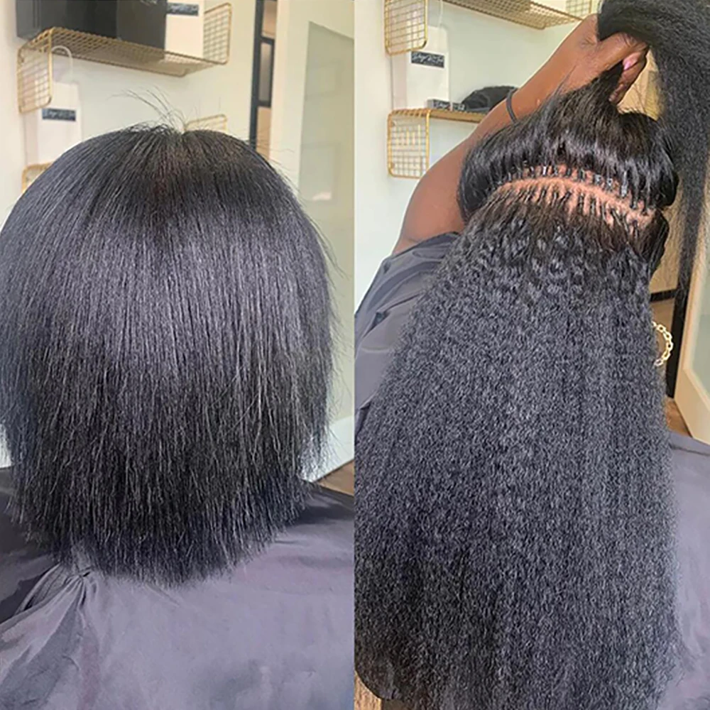 I Tip Hair Extensions Kinky Straight Human Hair Extensions Natural Black Color I Tip Human 50 Strands/Pack