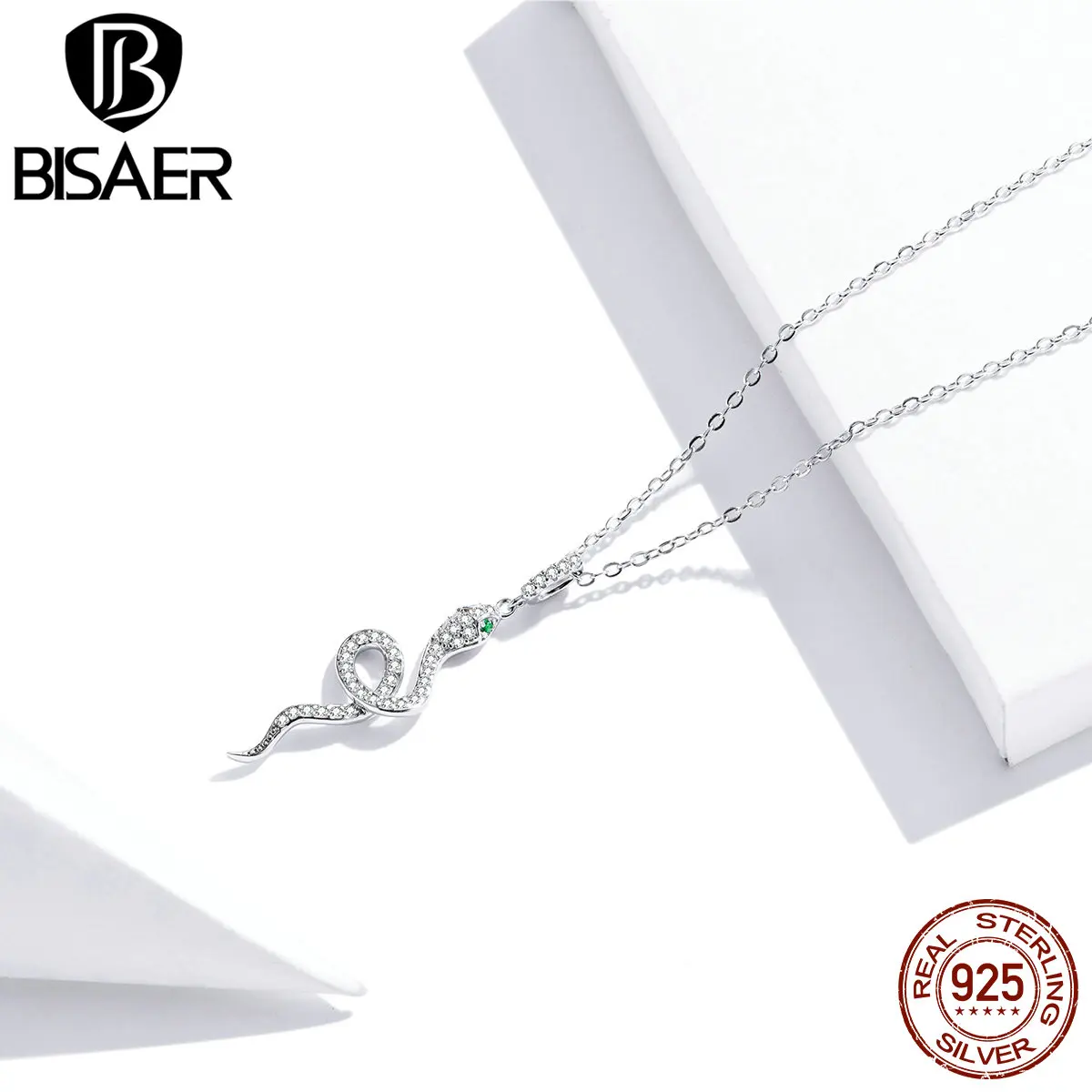 BISAER 925 Sterling Silver Snake Necklace Pendant Pave Setting
