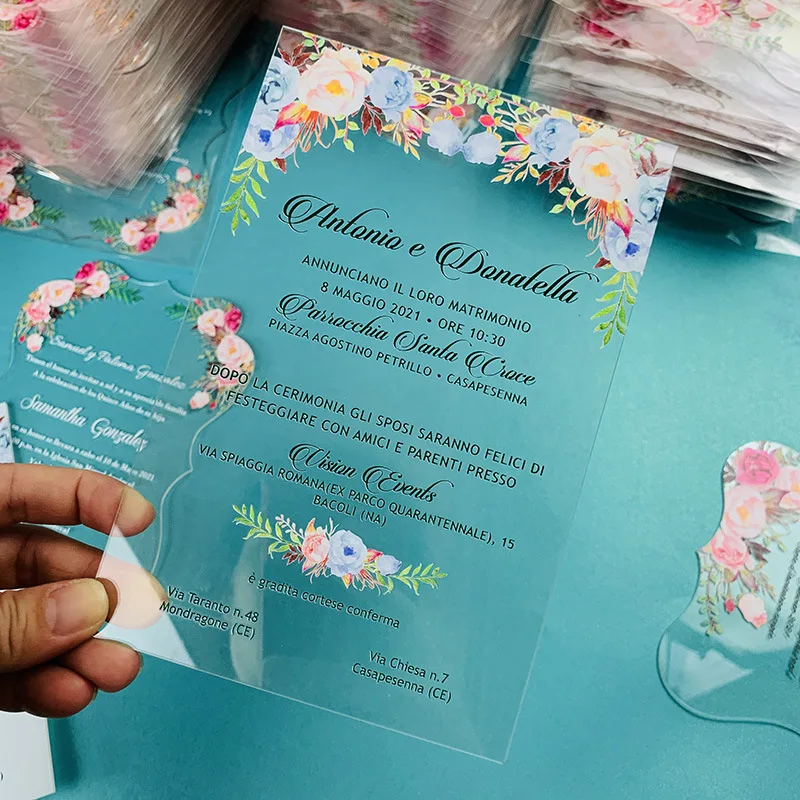 50 Pieces 5x7 inches Clear Acrylic Wedding Invitations Personalize UV Printing XV Birthday Acrylic Craft Card With Box IC151