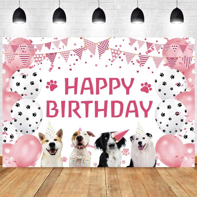 

Puppy Dog Happy Birthday Party Backdrop Cartoon Cute Paw Prints Background Pink Balloon Photography Studio Props Decor Banner