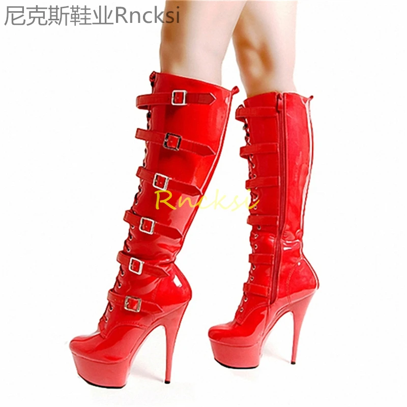 

15cm Nude-colored waterproof platform elastic thin-heeled boots high-heeled boots women's new thick-soled middle boots
