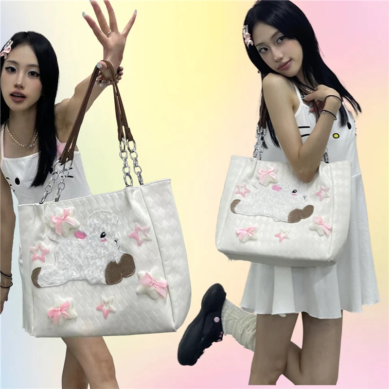 

2023 New Cute Sheep Star Pachenwork Casual Tote HandBag Korean Fashion High-capacity Y2k Sweet Girl Shoulder Bag Designer Bag