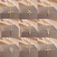 Fashion Zircon Cross Pendant Necklace For Women Man Gold Plated Stainless Steel Clavicle Chain Necklaces Trend Couple Jewelry - Image 2