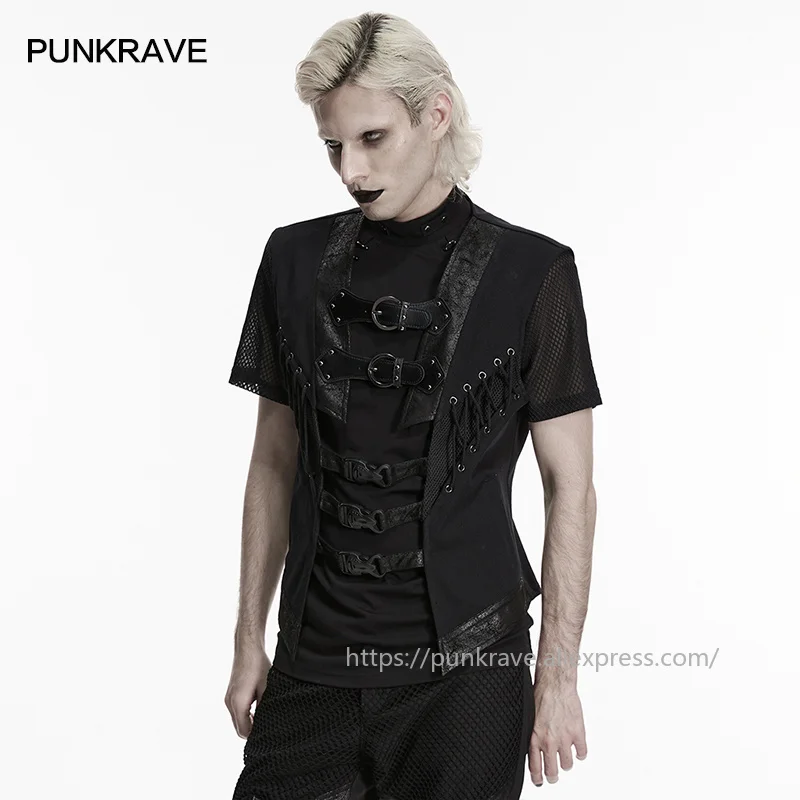 PUNK RAVE 남성용 펑크 트윌 메쉬 & 크랙 가죽 오픈 구조 조끼 스트랩 버클 록 파티 퍼포먼스 탑 남성용