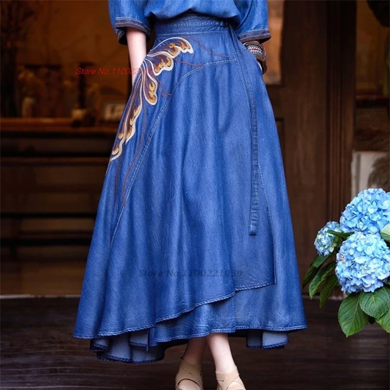 traditional chinese vintage skirt national flower embroidered denim skirt oriental traditional folk a-line streetwear