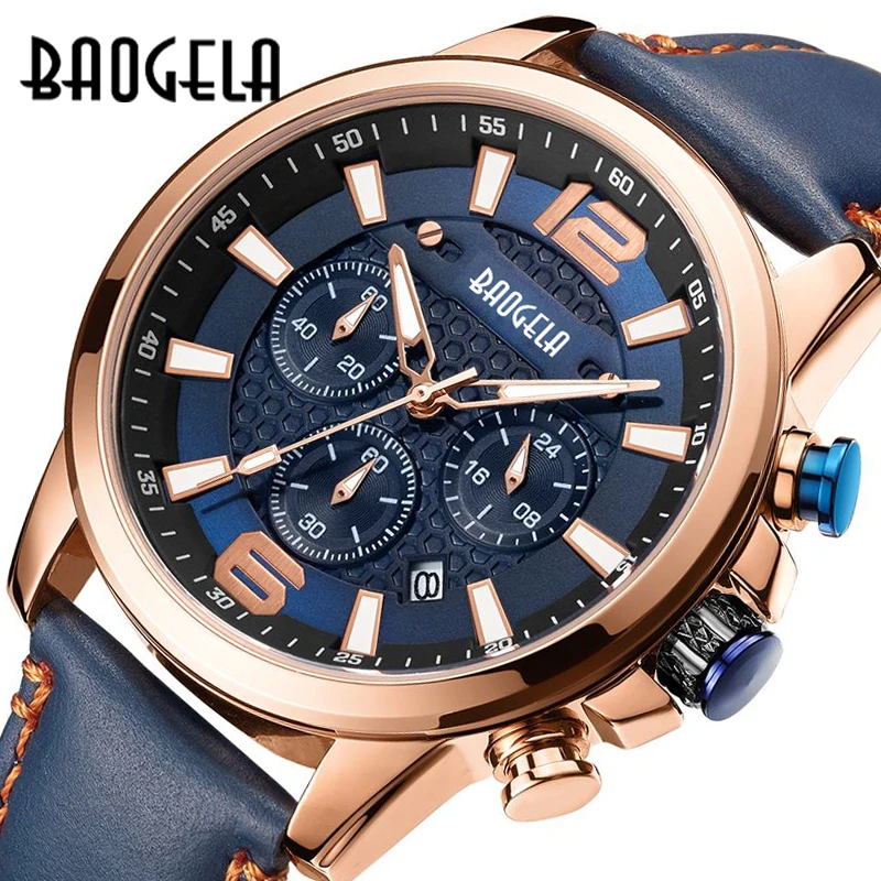 

BAOGELA Men Leather Strap Quartz Watches Luxury Brand Waterproof Chronograph Watch Casual Sports Luminous Wristwatch Rose Blue