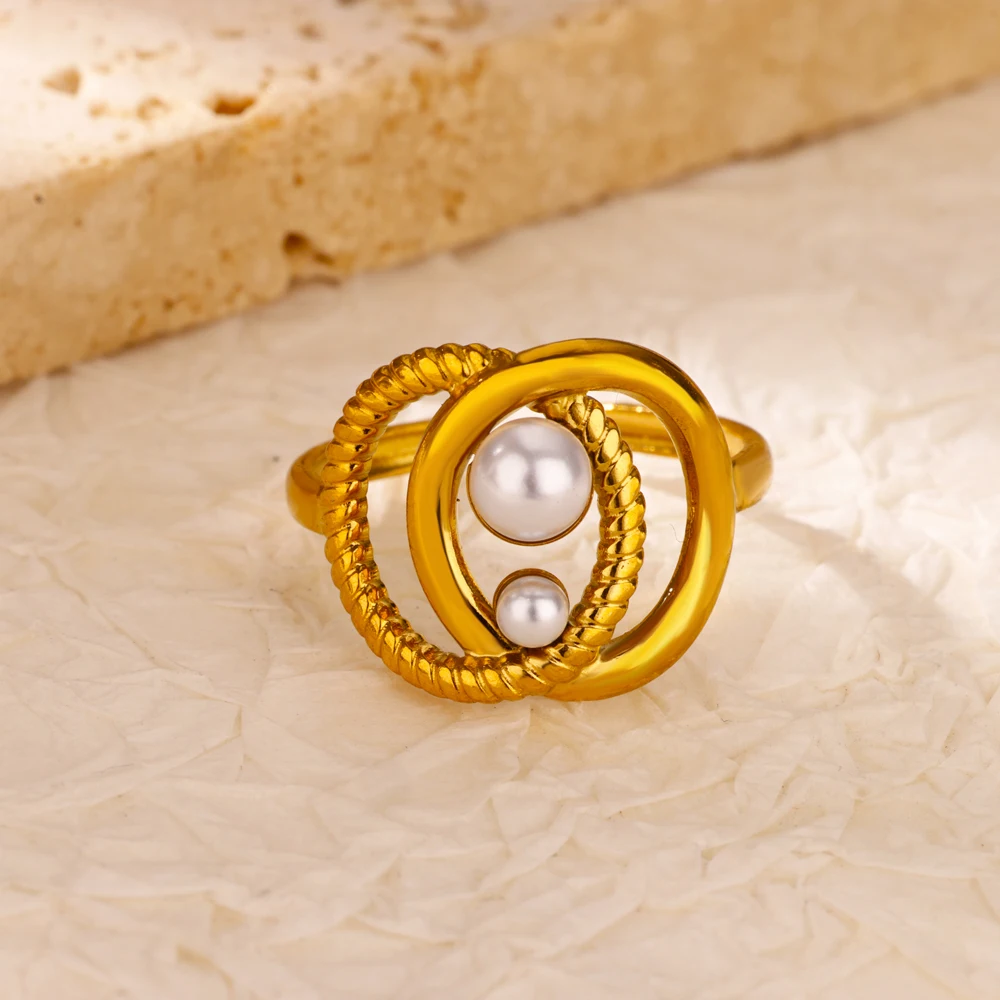 Stainless Steel Double Round Imitation Pearl Ring For Women Wedding