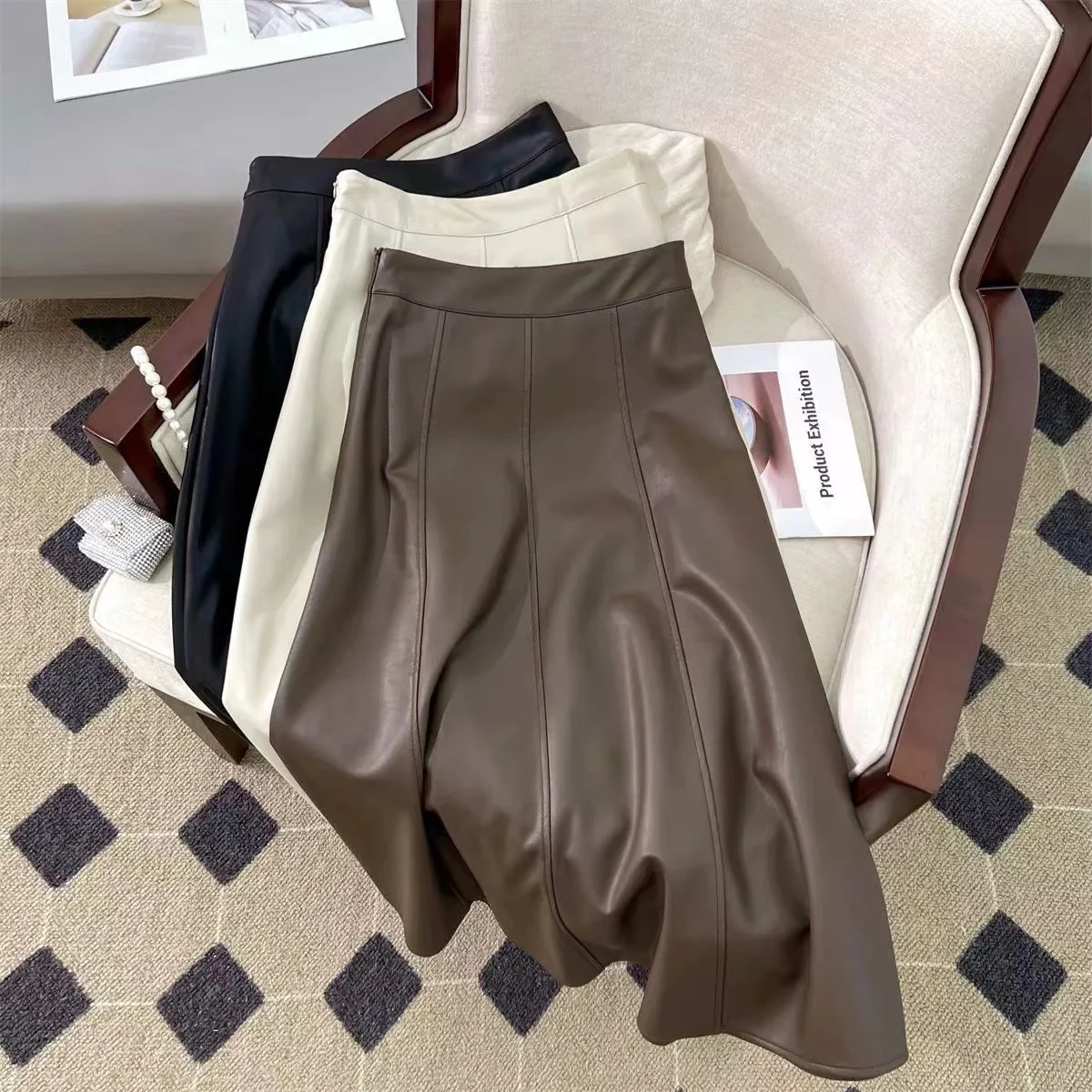 

Pu Leather Elegant Basic All Match Mid Length Skirt Woman High-Waisted Autumn Winter Skirts Korean Style Fashion 2023