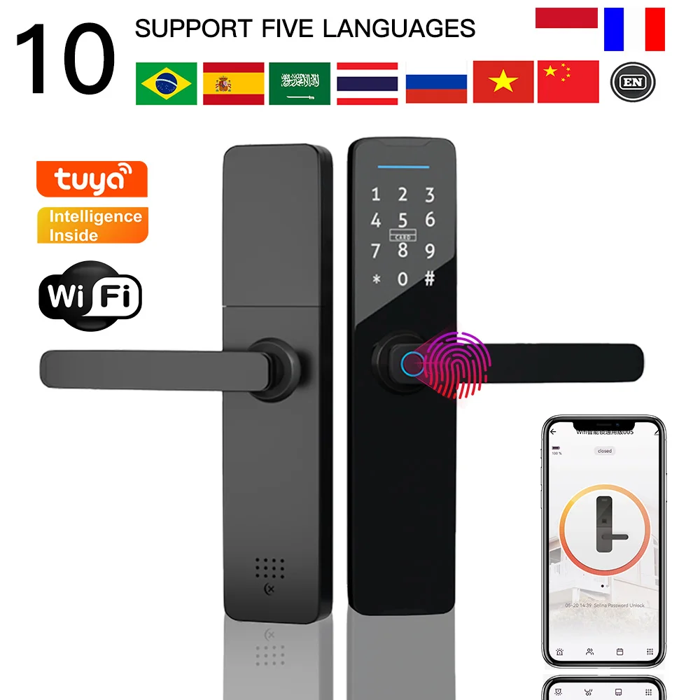 

PHIPULO Tuya Wifi Digital Electronic Smart Door Lock With Biometric Fingerprint Smart Card Password Key Unlock