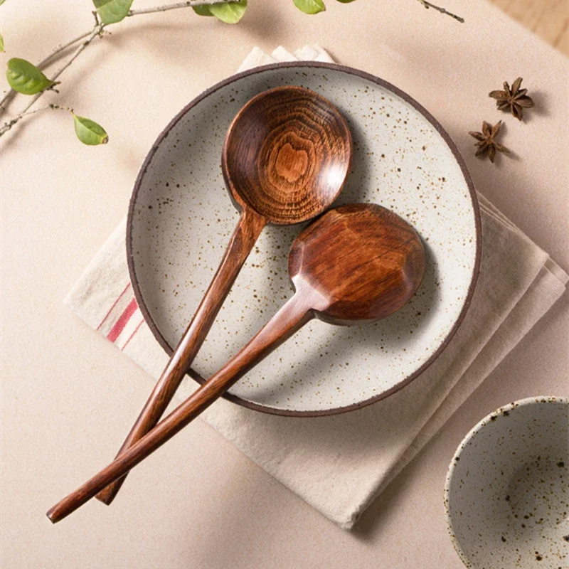Round Wooden Ramen Spoon with Long Handle, Japanese Tableware,Serving Tablespoons,Large Soup Ladle,Home Kitchen Cooking Utensils