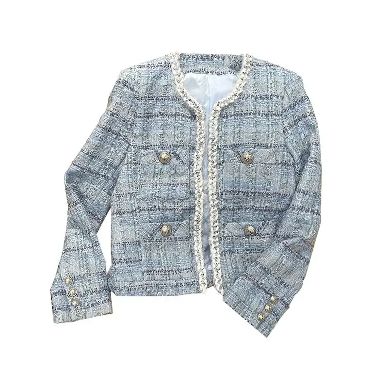 Lumignon original ♥ L holiday tweed tops Elegant Women Blue Wind Woven Tweed Jacket Autumn Twist