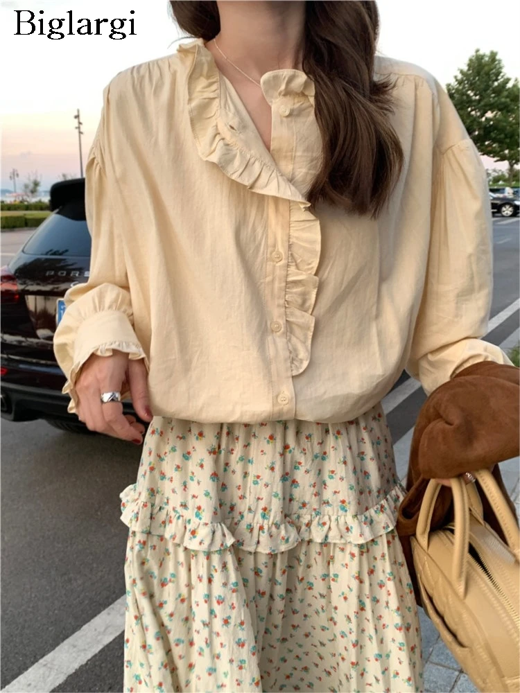 

Блузка женская плиссированная с оборками, модный винтажный Топ с длинным рукавом, Повседневная Свободная рубашка в Корейском стиле, весна