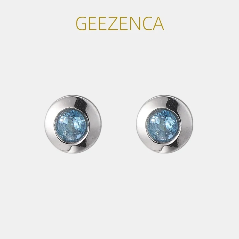 

GEEZENCA 925 Sterling Silver Natural Topaz Moon Stone Round Earrings Classic Geometric Minimalism Chic Small Earring 2024 New