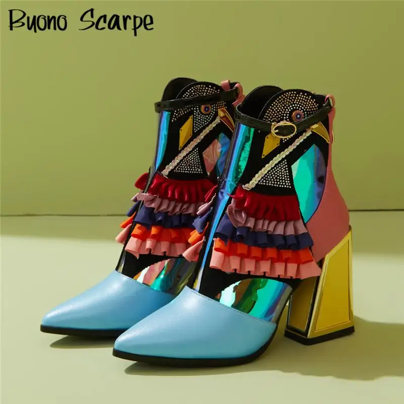 

Bling Bling Novelty Heels Ruffles Party Short Boots For Women Pointed Toe Modern Runway Heel Shoes Ethnic High Heel Ankle Boots