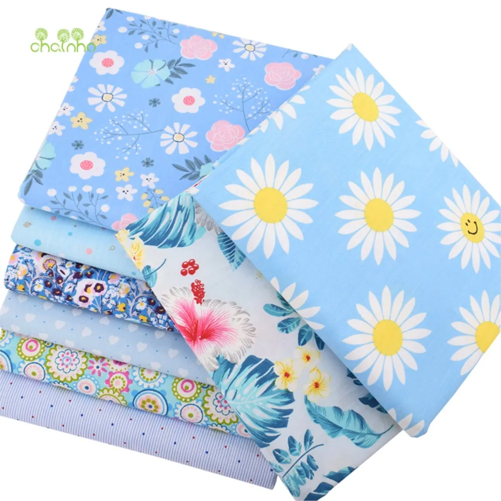 Chainho,Printed Twill Weave Cotton Fabric,Patchwork Cloth,DIY Sewing Quilting Material,Blue Floral Serie,8 Designs,2 Sizes,CC302