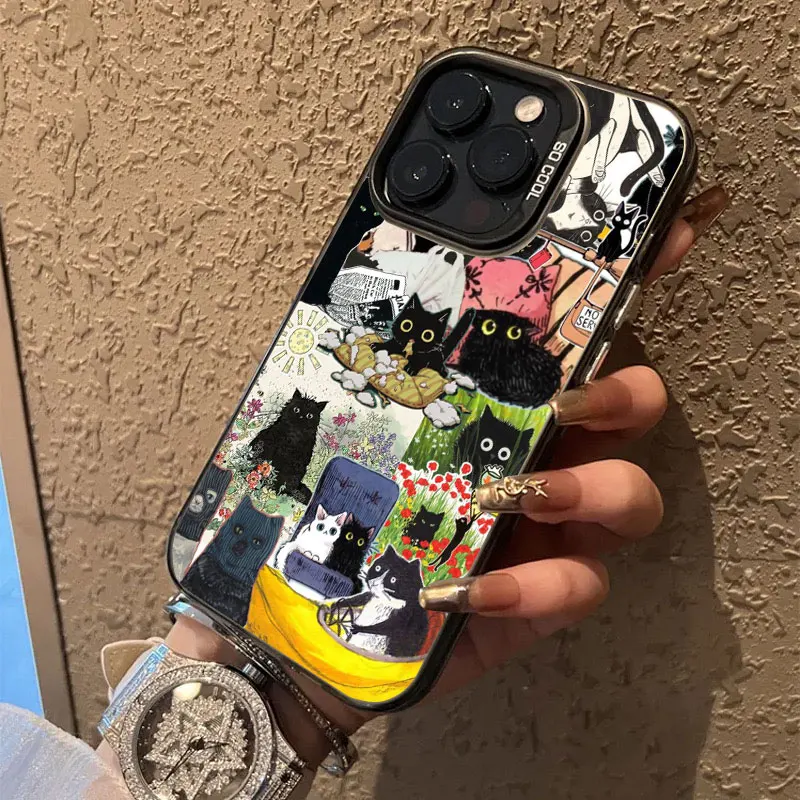 Neue süße schwarze Katze Grafik Montage Laser Handyhülle für iPhone 17 15 16 Pro Max Plus 14 13 12 Mini 11 Pro Max stoßfeste Abdeckung – Detail 13