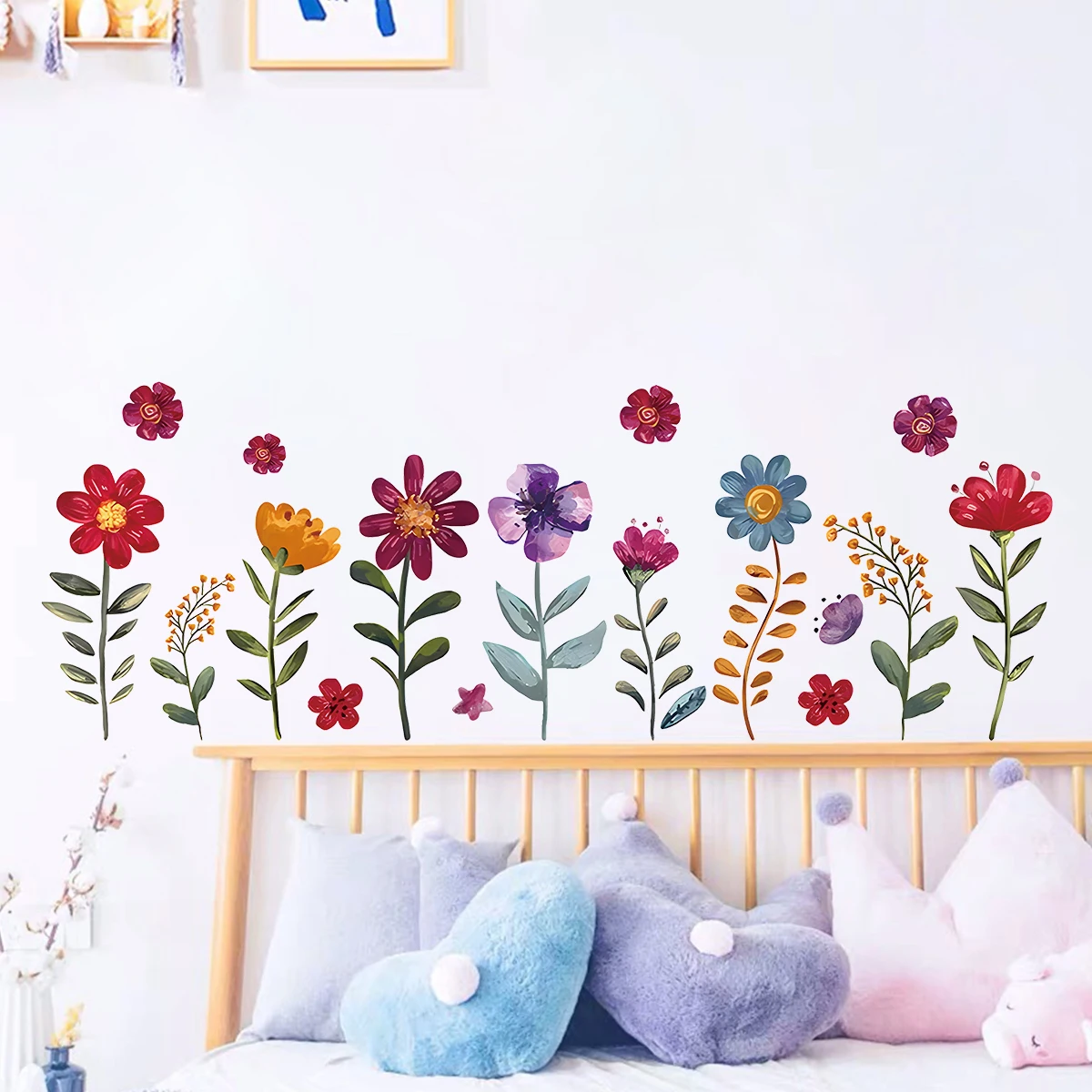 수채화 다색 꽃 벽 스티커, 홈 데코 액세서리, 거실 벽 데칼, 침실 장식, 아기 보육원