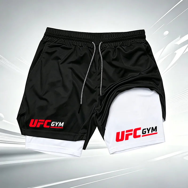 Men's UFC GYM 2-in-1 Compression Shorts Quick Dry Breathable Running Gym Training Shorts with Built-in Liner and Logo wx215