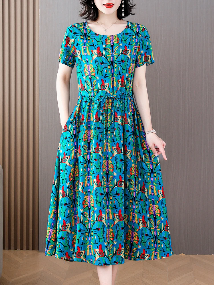 

2024 Summer Women Fashion Middle-aged Casual Dress Female Long O-neck Loose Dresses Ladies Floral Print A-line Vestidos N116