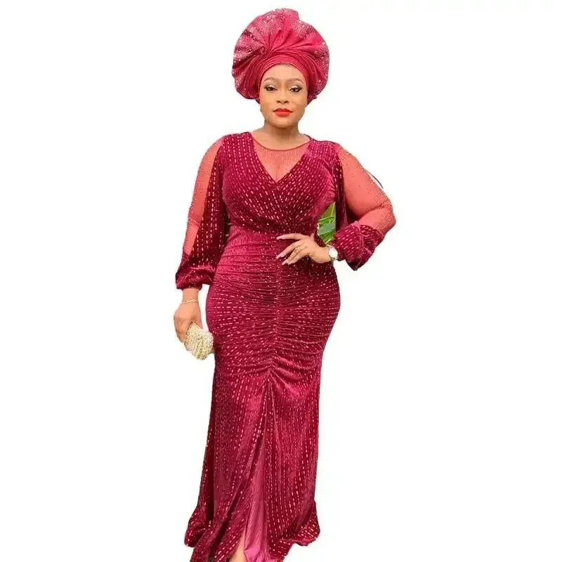 Plus Size African Elegant Party Dresses for Women 2024 New Sequin Evening Gown Kaftan Muslim Maxi Long Dress Ladies Clothing new elegant retro turban for ladies cotton headband women muslim headscarf beanie cap hair cover cap african head wraps bonnet