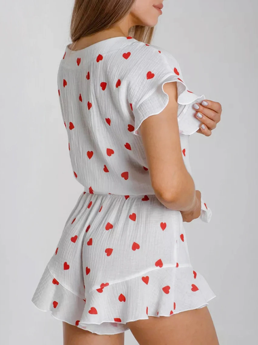 Marthaqiqi Printing Women'S Nightie 2 Piece Set Sexy V-Neck Sleepwear Short Sleeve Nightgowns Shorts Casual Female Home Clothes