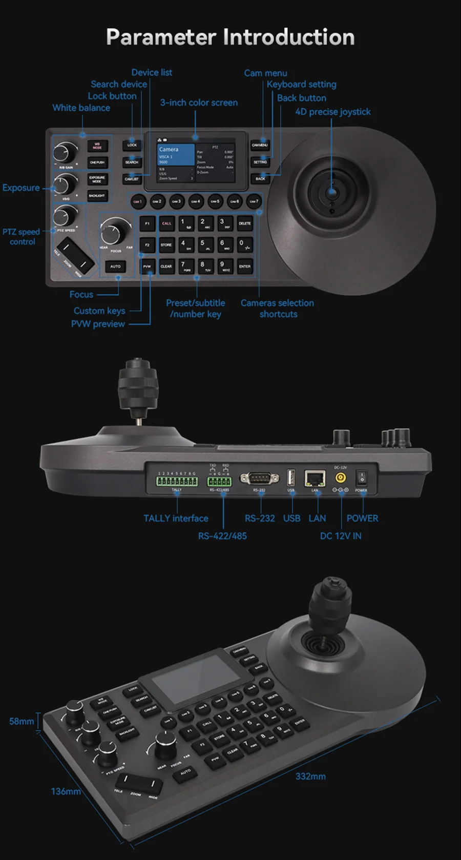 4D Keyboard Joystick NDI PTZ Controller video conference system video ...