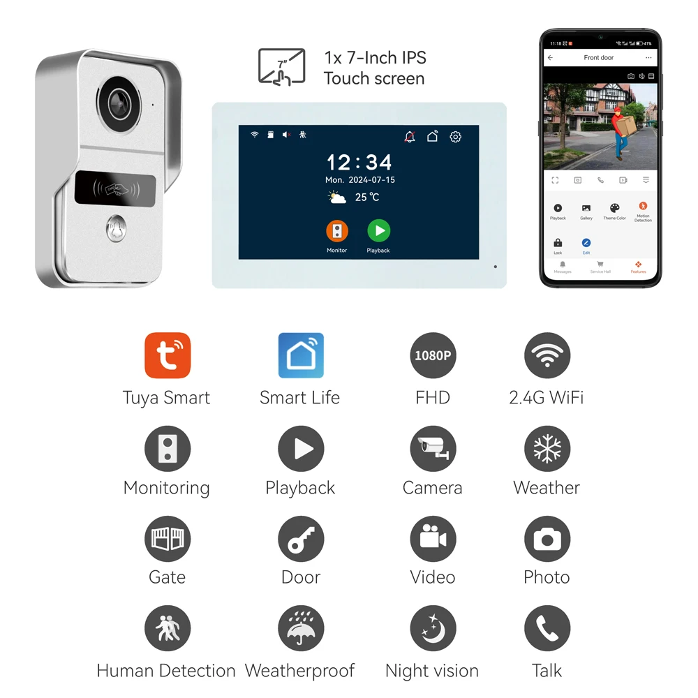 Tuya 2 Wire Digital WiFi Video Doorbell Phone Indoor Monitor Touch Screen Two Way Voice Audio Intercom Multiple Languages APP