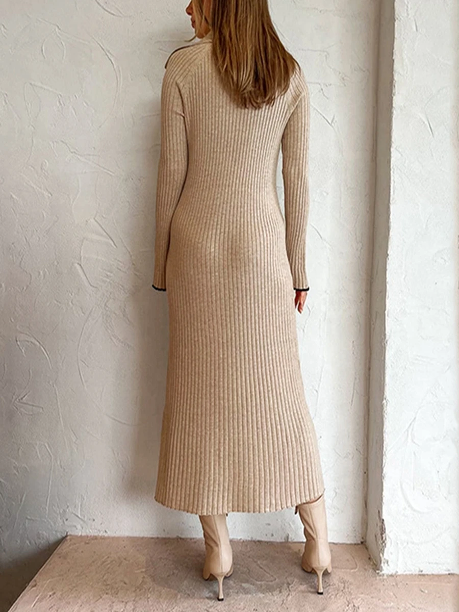 

Женское трикотажное платье-свитер средней длины, платье в рубчик с длинным рукавом и воротником с лацканами, длинное платье на выход, 2023