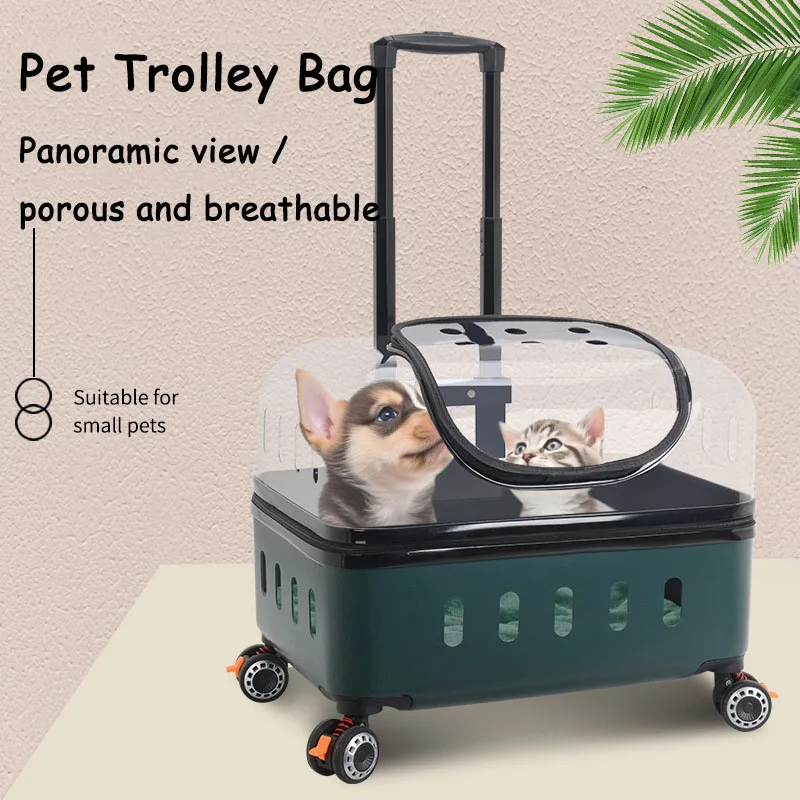 휴대용 애완 동물 트롤리 케이스, 통기성 개 캐리어, 야외 투명 고양이 여행 운반 가방, 범용 바퀴 대형 고양이 가방 
