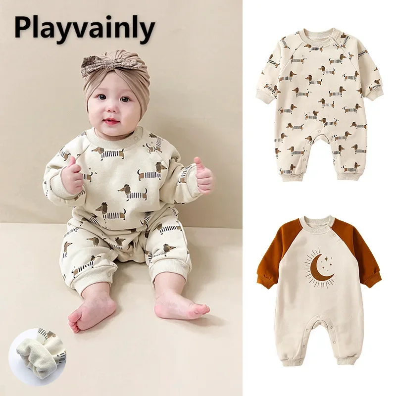 

New Autumn Winter Infant Thickened Rompers Cute Print Round Collar Raglan Sleeve Jumpsuit Newborn Casual Crawling Clothes E23217