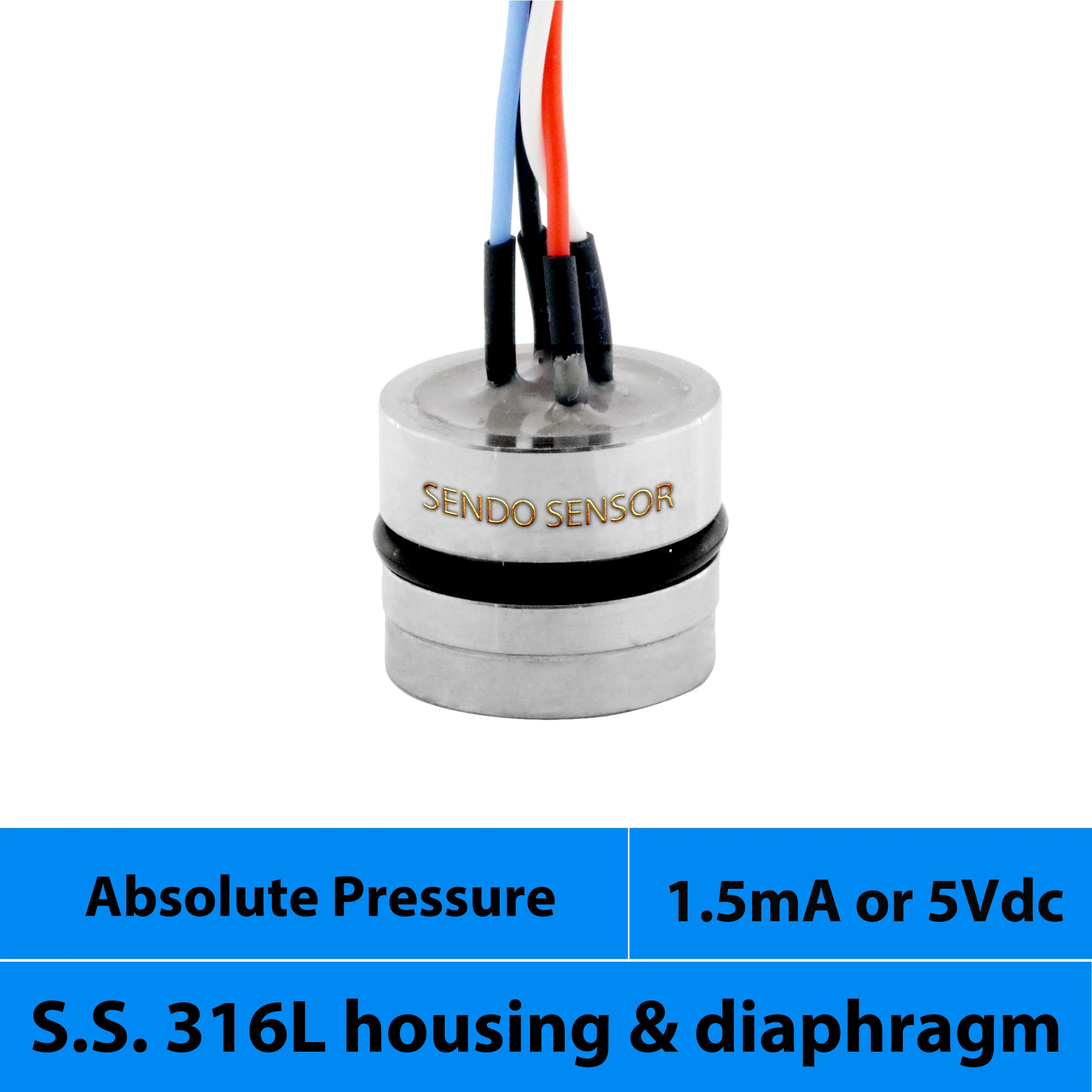 

absolute pressure transducer, 1.5 mA OR 5V dc power, AISI 316L material, abs press 100kpa, 4 bar, 6 bar, 10bar, 16 bar, 2.5 mpa