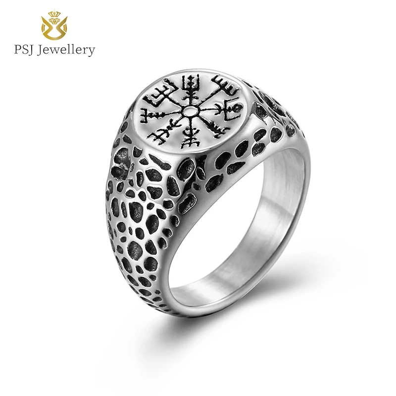 

PSJ Hollowed Silver Titanium Stainless Steel Rings Fashion Vintage Jewelry Compass Engraved