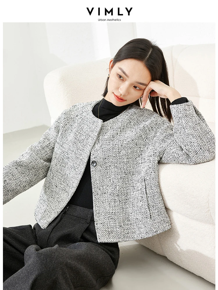 Vimly Cropped Plaid Quilted Tweed Jackets Women 2023 O-neck Single Breasted Long Sleeve Office Ladies Winter Coat Clothing M5332 vimly korean style spring black blazers jacket for women office ladies professional loose long sleeve solid work business suit