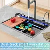 Kitchen Sink, Drop In Waterfall Sinks Workstation with Faucet Combo and Sink Cup Washer Stainless Steel Single Bowl Modern Smart 4