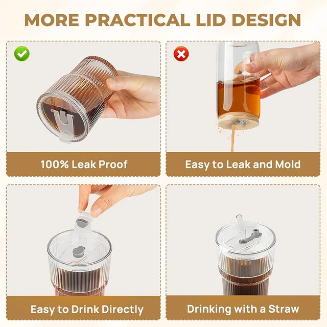 Iced Coffee Cups With Lids Glass Ework4U 2 Pcs 20oz Drinking Glasses Set With Straws, Cute Iced Coffee Glass Cups, Iced Coffee Tumblers, Thick Drinking Jars For Smoothie Coffee Cups Glass