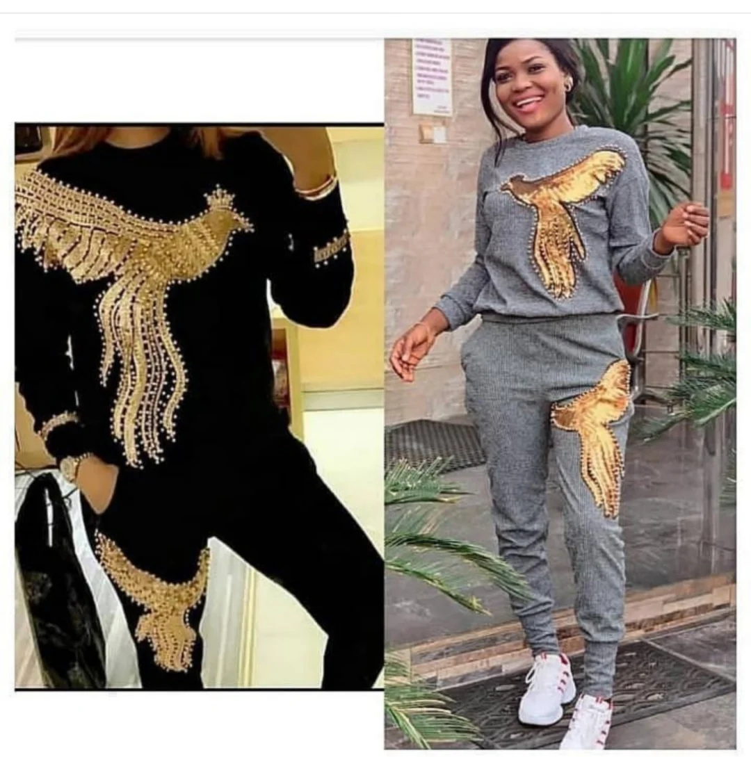 

Cutubly Tracksuit's Suit Cotton Sequin Double Phoenix Printing Fashion Two-piece Sets Black Pants And Crop Tops Outfits Elastic