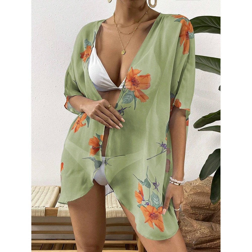 Swimwear Women Floral Print Sheer Chiffon Kimono Beach Cover Up New Fashion Women'S Top Boho Sexy Transparent Dress Shawl swimsuit cover up swimsuit coverup fishnet cover up