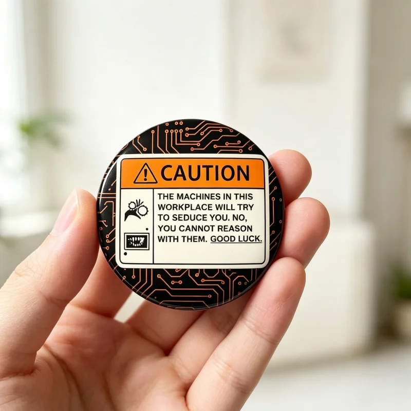 Spilla Decorativa Divertente con Avvertenza per Amanti dei Robot - Badge Artistico Objectum - Regalo Unico e Originale per i Fan dei Robot - Spilla da Collezione - immagine 2