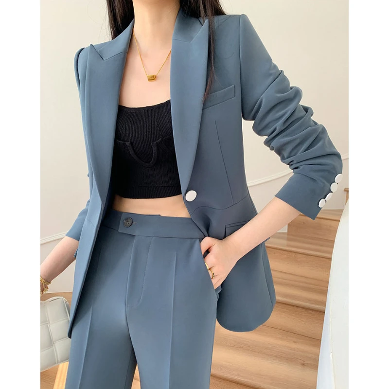 

Women's Fall/Winter Retro Casual Cropped Blazer Wide Pant Set Commuter Solid Single-breasted Waisted Coat Trousers Two-piece Set