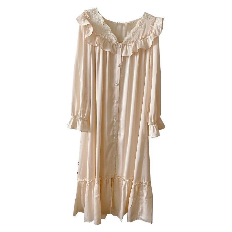 Nightgown Women Lace Satin Sleepshirt Home Dressing Gown Night Dress Elegant Retro Vintage Autumn Nightwear Nightdress Plus Size