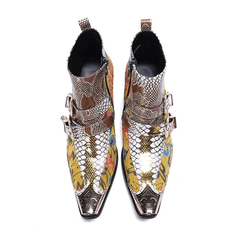 New Fashion Pointed Gold Snake Style Foreign Trade Boots European and American High Heel Men's Banquet Leisure Leather Boots