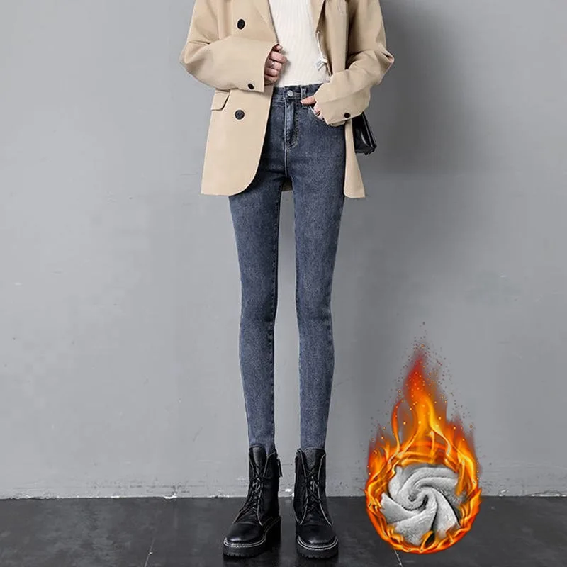 Super Warm Velvet Lined Women's Jeans Winter Thicken Pencil Vaqueroes 2023 High Waist Wash Skinny Pants Slim Plush Denim Capris
