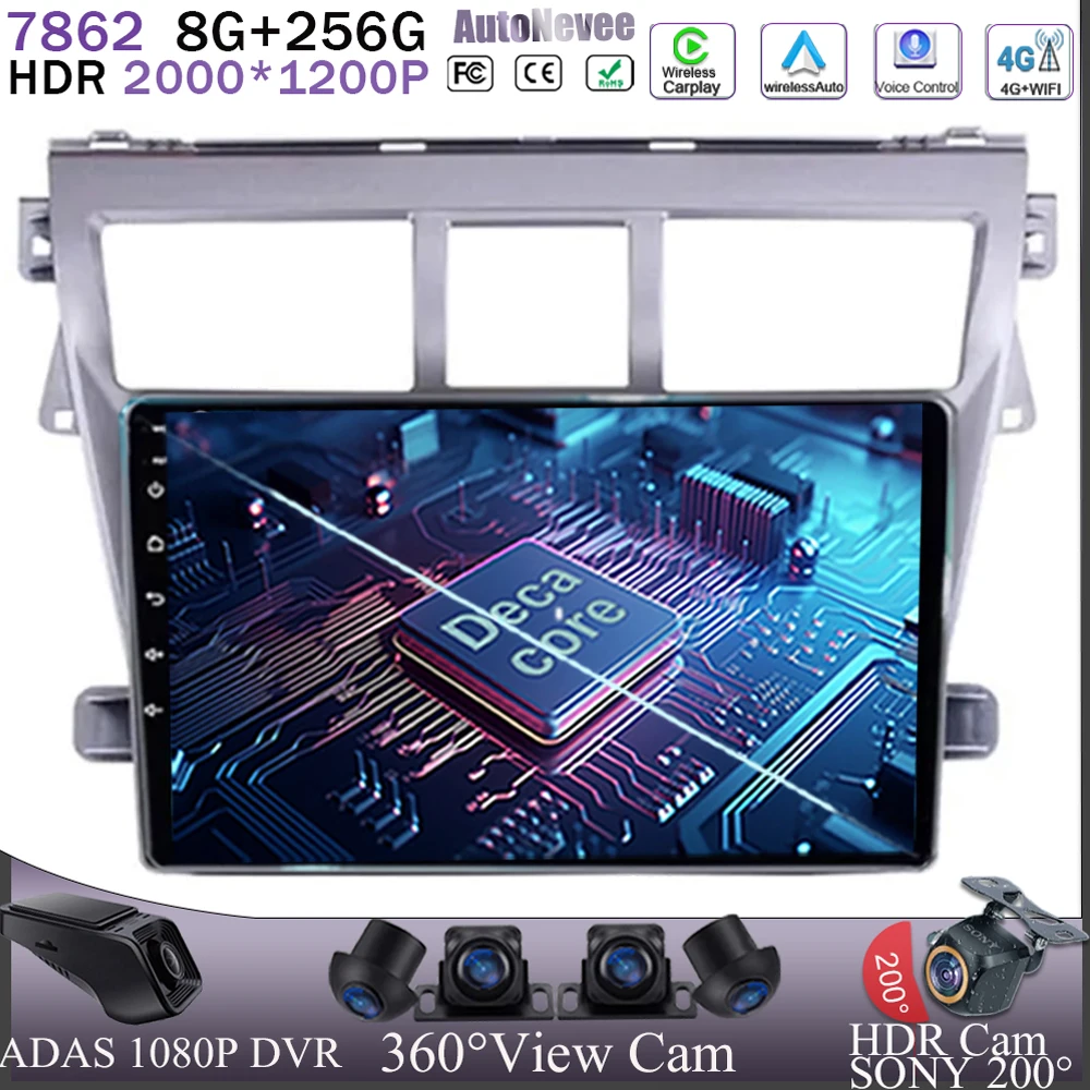 

Carplay For Toyota VIOS Yaris 2007-2012 Android 13 Radio GPS CPU HDR DVD Multimedia Player Stereo Navigation 5G WIFI Navigation