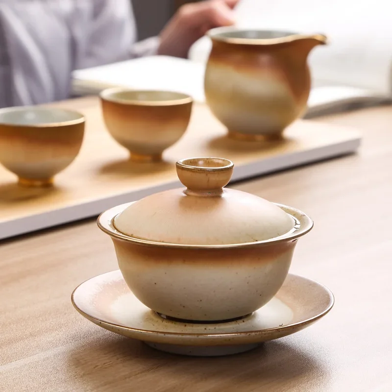 Stoneware Tea Bowl Gaiwan Tea Cup Three Pieces Making Bowl Retro Domestic Kung Fu Handmade Kung Fu Set gaiwan