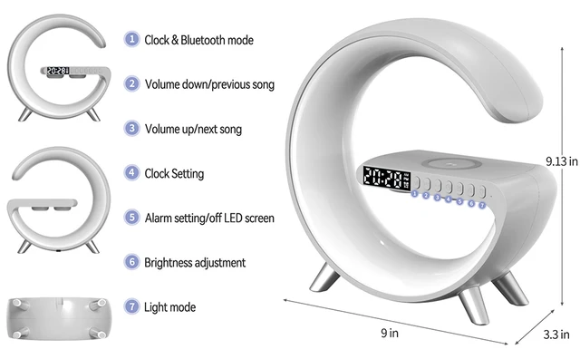 Comprar Reloj despertador con temporizador en forma de G, cargador  inalámbrico RGB15W, altavoz de luz nocturna con Bluetooth, decoración  navideña, estación de carga rápida inteligente 3 en 1
