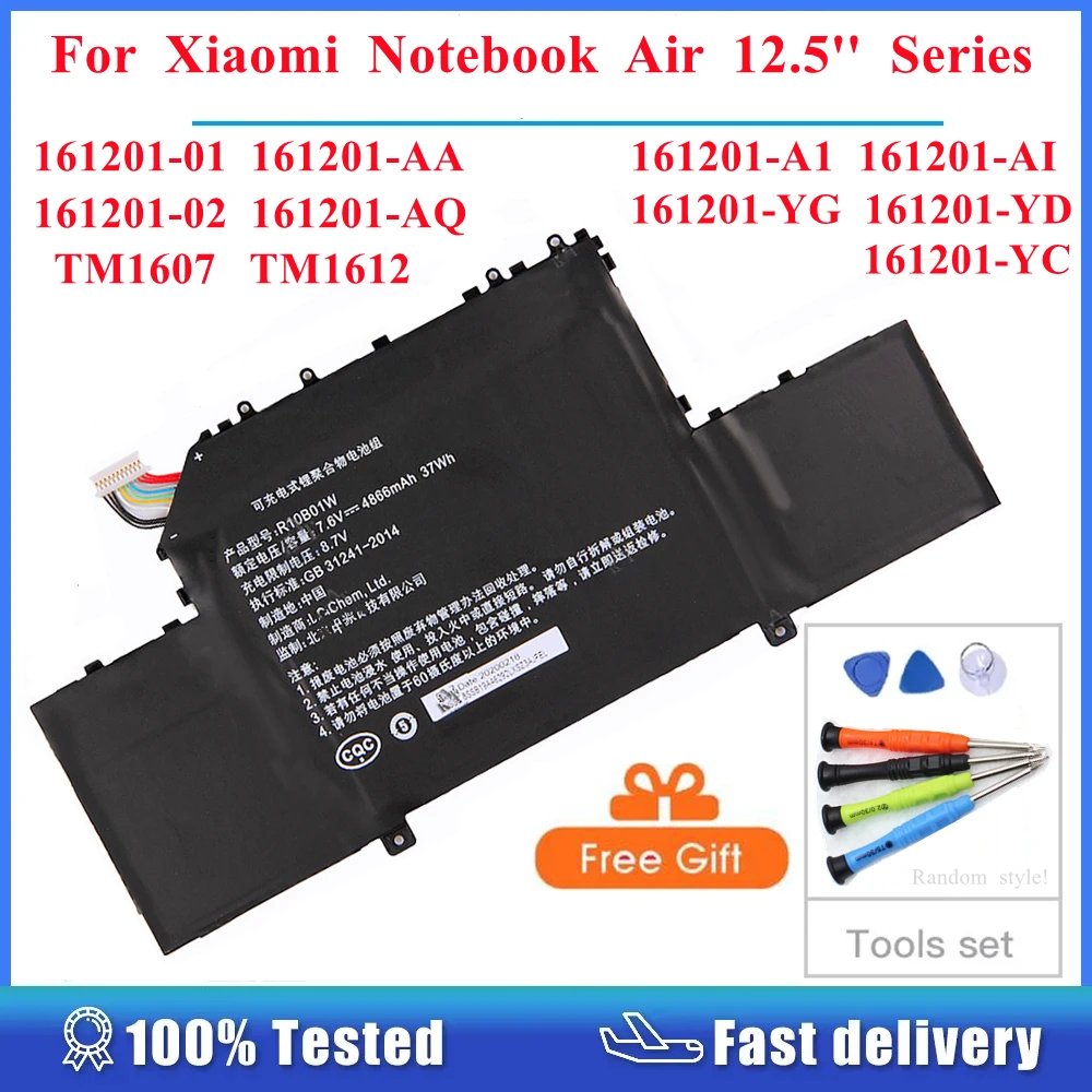 

7.6V 37WH NEW R10B01W For Xiaomi Mi Notebook Air 12.5 Inch Series Laptop Battery 161201-01 161201-AA AA A1 4866mAh Batteries