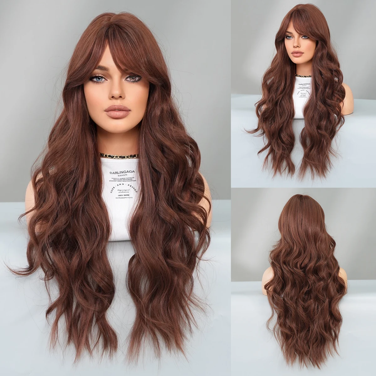 

PARK YUN Long Wavy Dark Brown Wigs Long Body Wavy Wig for Women Daily Party High Density Hair Wigs with Bangs