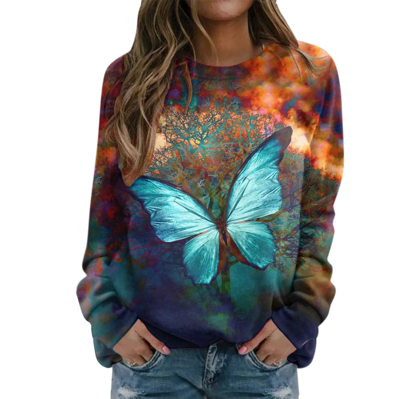 

Women's New 3D Digital Printing Starry Sky Round Neck Hoodie Streetwear Autumn Winter Clothes Ladies Vintage Butterfly Pullover