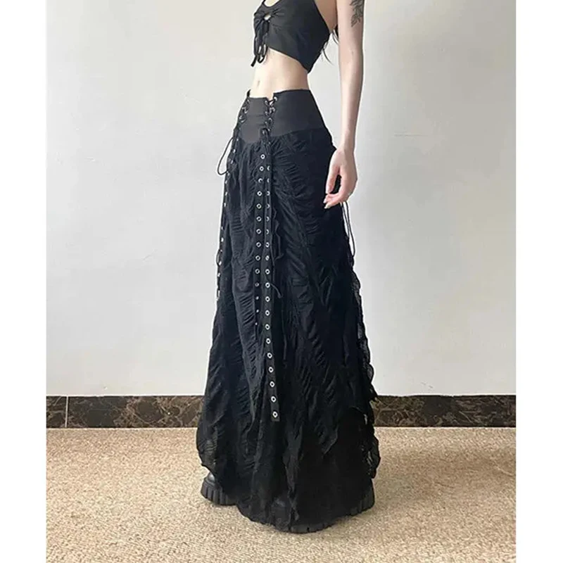 MEXZT Y2K Lace Mesh Long Skirt Women Harajuku Vintage Patchwork Bandage Black Skirts Gothic Aesthetic High Waist Chic Faldas New 5
